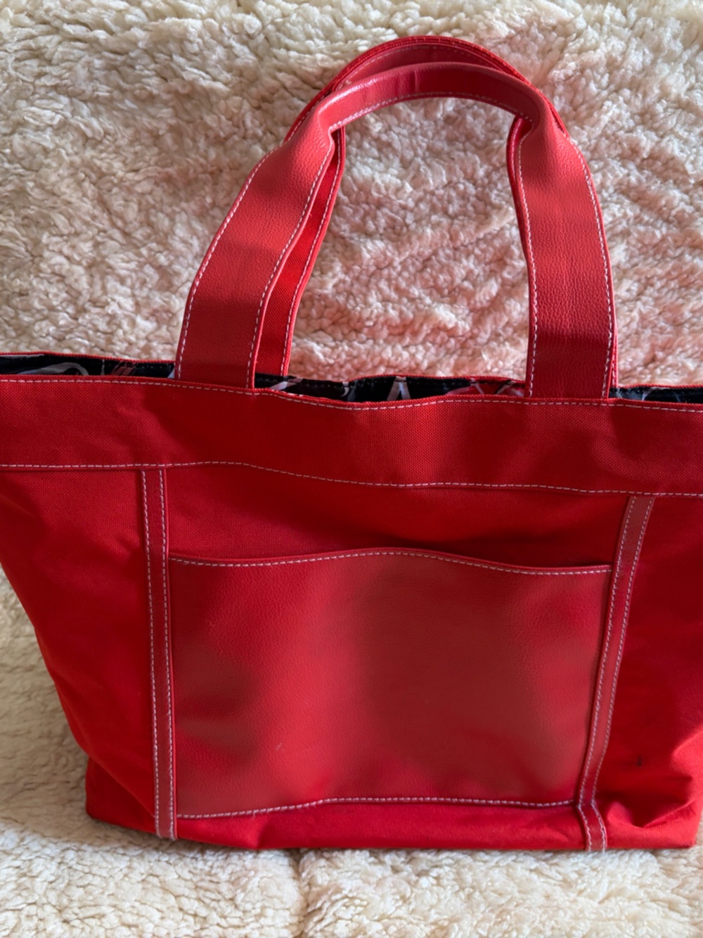 Lancome Bright Red Canvas Tote with Front Patch Pocket